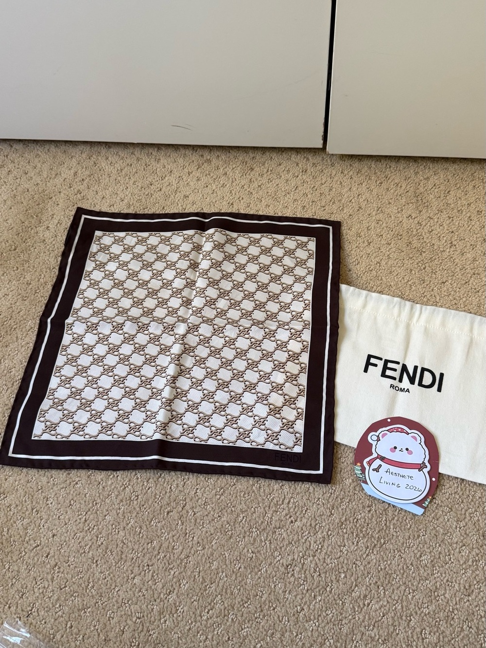 Fendi Brown and Cream Silk Square Scarf 13x13
